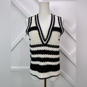 NWT ME+EM Crochet Monochrome Stripe V Neck Vest Cream Black Merino Wool Small